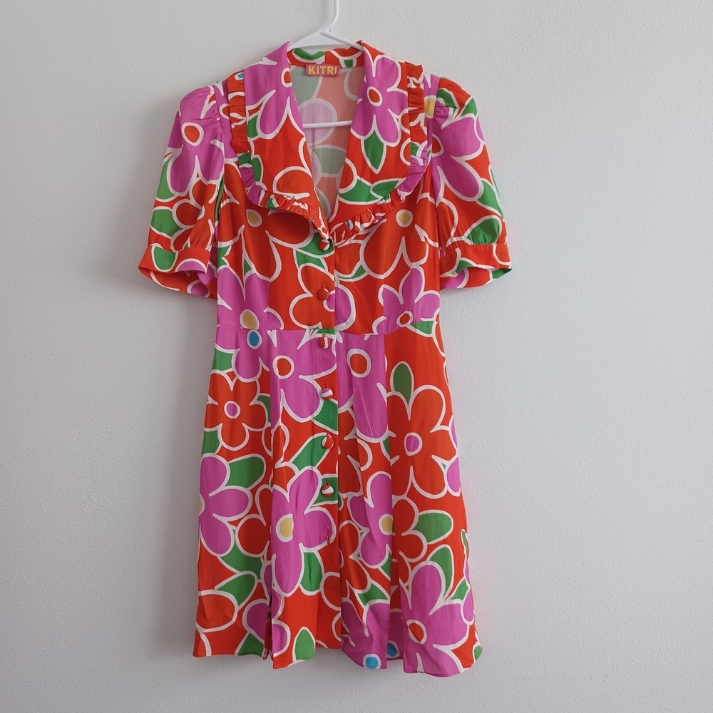 Kitri Marta Floral Mini Dress Womens Size 4 Red Bold Multi Color Florals V Neck